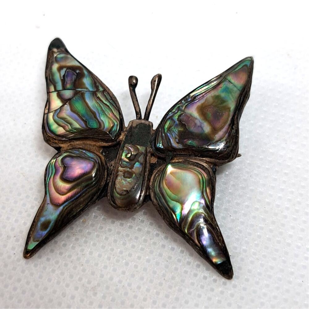 Vintage inlay abalone shell  butterfly brooch stamp worn off
